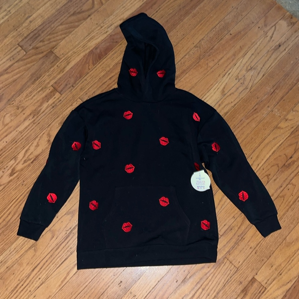 Jolie & Joy Black Hoodie with Red Lip Print